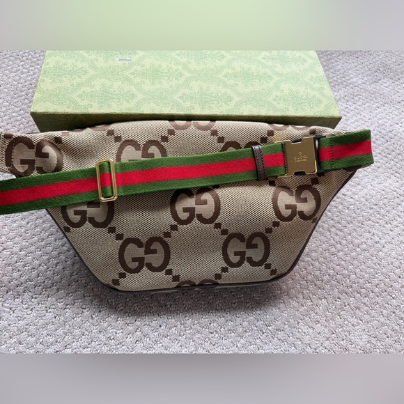 GUCCI Monogram Jumbo GG Textured Dollar Calfskin Web Belt Bag - Picture 2 of 16